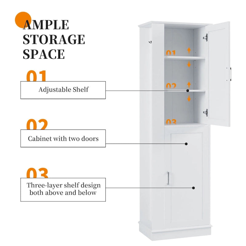 Tall Bathroom Storage Cabinet, Freestanding Storage Cabinet with Hook and Adjustable Shelf, MDF Board, White